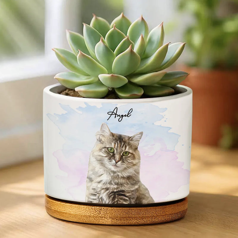 Custom Photo,Art Design,Pet Lovers,Cozy,Photo - Watercolor - Remove BG - Custom Photo Realistic Watercolor Art Portrait Cat Dog Pet - Personalized Ceramic Plant Pot
