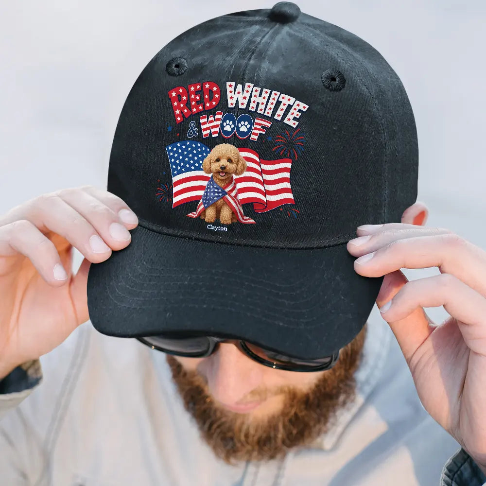 America 250th,Custom Photo,Independence Day,Art Design,Pet Lovers,Playful,Photo - US Theme Accessories 3D Cartoon - Custom Photo 3D Cartoon With US Accessories Red White Woof - Personalized Vintage Washed Denim Cap