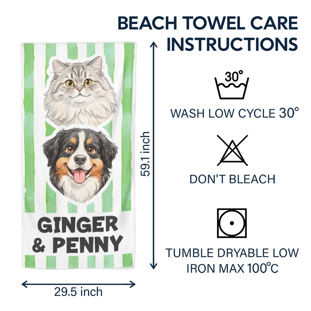 Custom Photo, Beach, Art Design, Summer, Pet Lovers, Playful, Photo - Colored Pencil - Custom Photo Colored Pencil Sketch Poolside Beach Vacation Dog Cat - Personalized Beach Towel