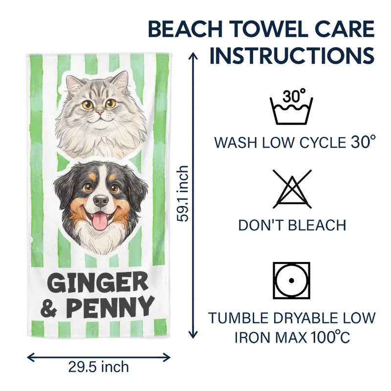 Custom Photo, Beach, Art Design, Summer, Pet Lovers, Playful, Photo - Colored Pencil - Custom Photo Colored Pencil Sketch Poolside Beach Vacation Dog Cat - Personalized Beach Towel