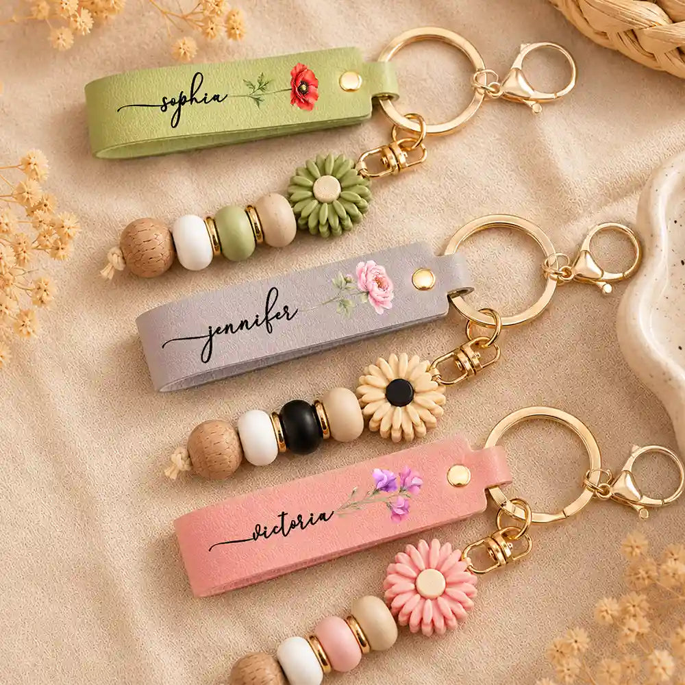Birth Month Flower With Name - Personalized Leather Beaded Keychain