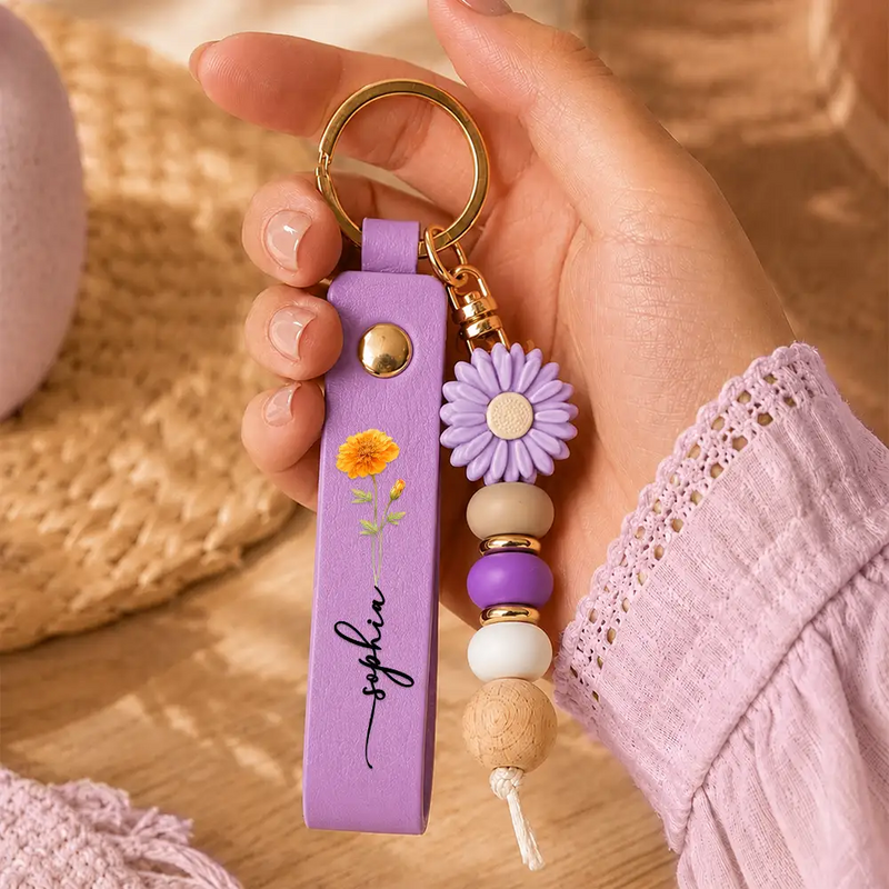 Confident, Icon - Birth Month Flower With Name - Personalized Leather Beaded Keychain