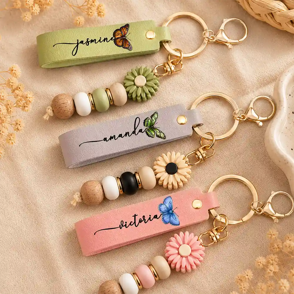 Colorful Butterflies And Name - Personalized Leather Beaded Keychain
