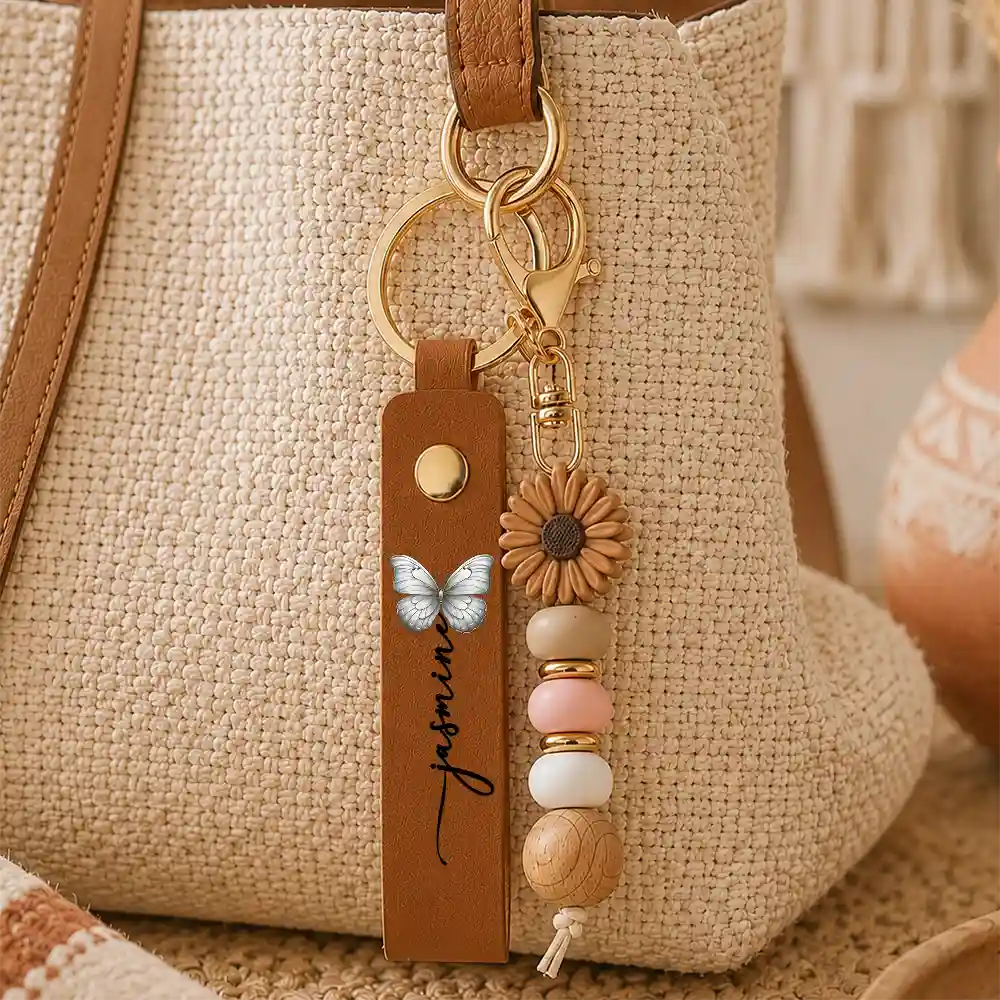 Confident, Icon - Colorful Butterflies And Name - Personalized Leather Beaded Keychain