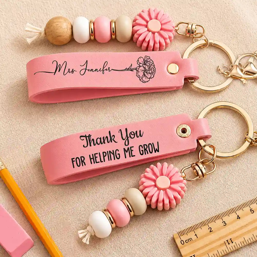 Thank You For Helping Us Grow - Personalized Leather Beaded Keychain