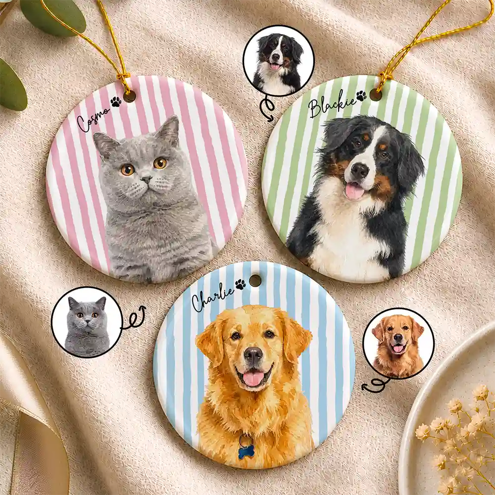 Custom Photo Realistic Watercolor Art Happy Dog Cat Pet Colorful Stripe - Personalized Circle Ceramic Ornament
