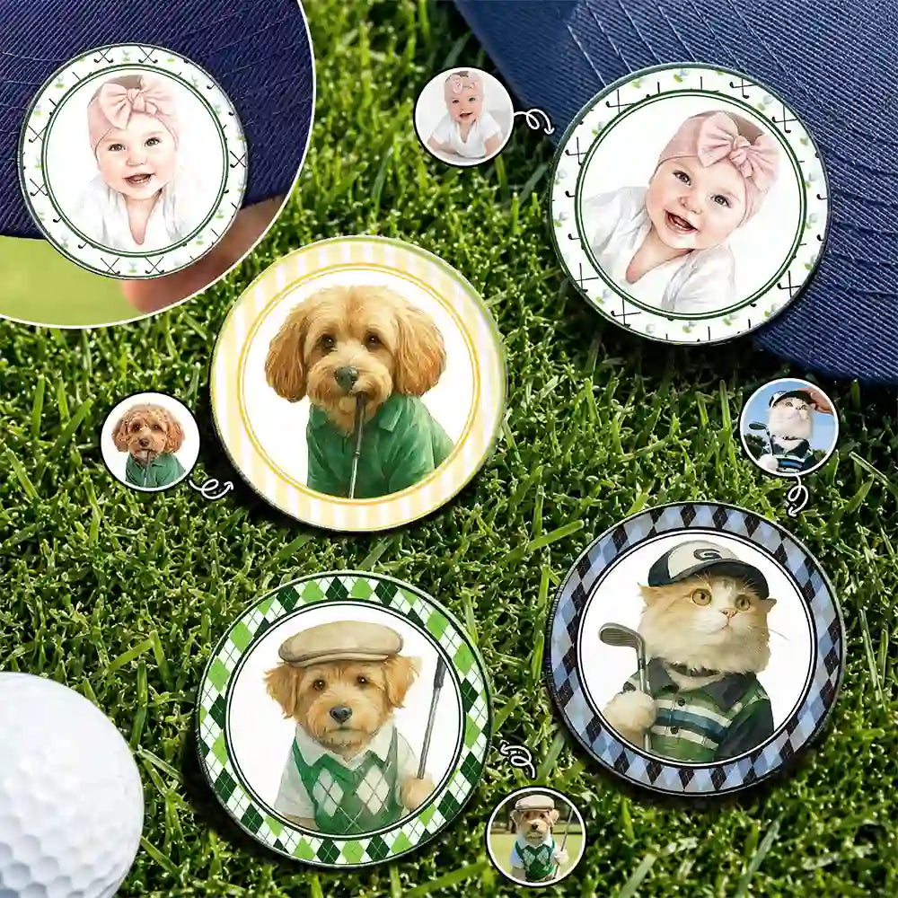 Custom Photo Realistic Watercolor Art Dog Cat Pet Kid Portrait Vintage Golf Ball Marker - Personalized Acrylic Magnetic Clip