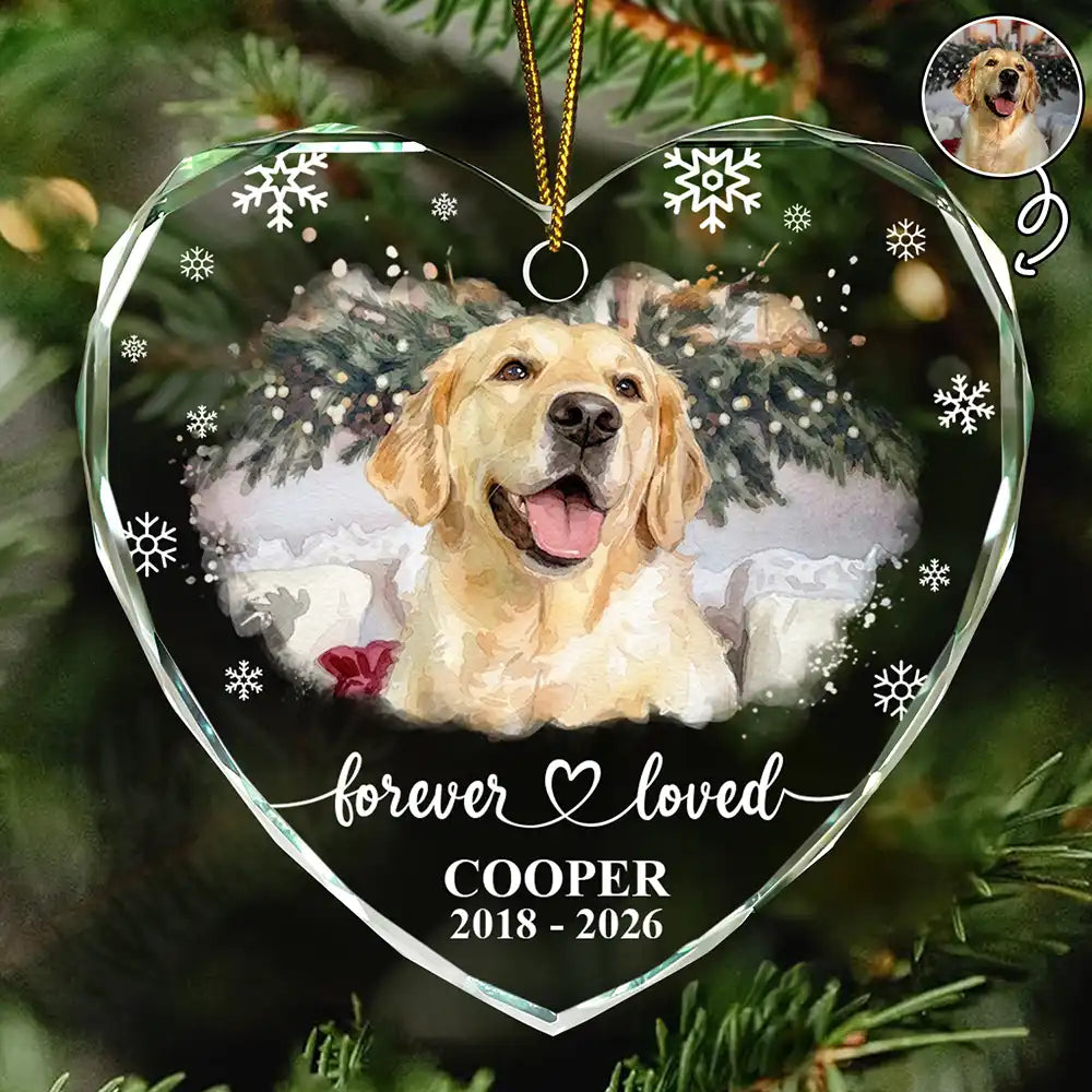 Custom Photo Watercolor Painting Forever Loved Memorial Dog Cat - Personalized Heart Shaped Glass Ornament