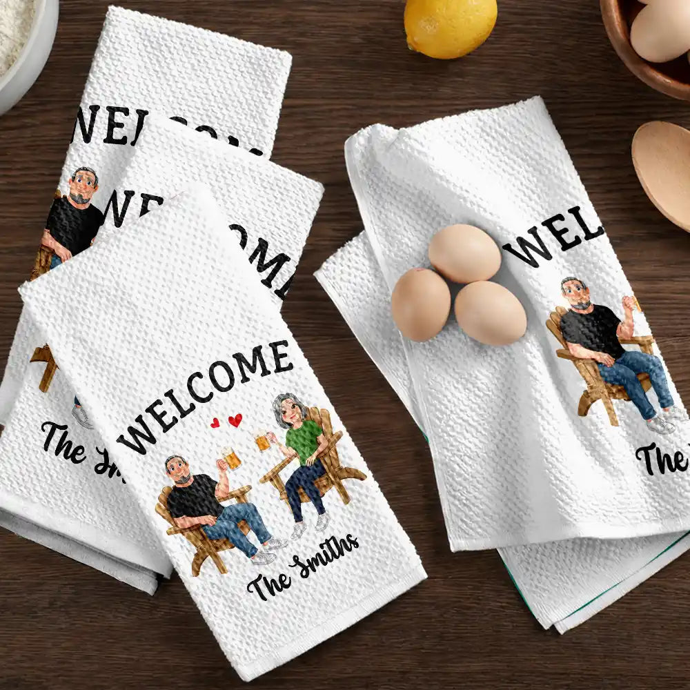 New House, Gift For Couples, Vector, Happy - Welcome New Home Decoration Animate Couple - Personalized Kitchen Towel