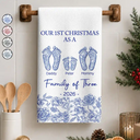 Christmas,Family,Icon,Happy - First Christmas As A Family Of Four Toile Footprints - Personalized Kitchen Towel