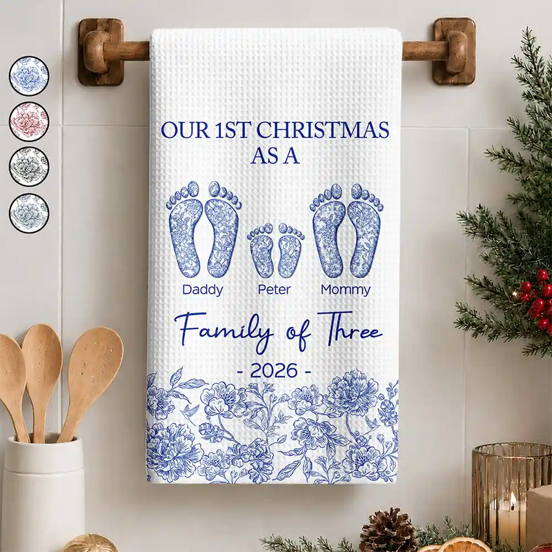 Christmas,Family,Icon,Happy - First Christmas As A Family Of Four Toile Footprints - Personalized Kitchen Towel