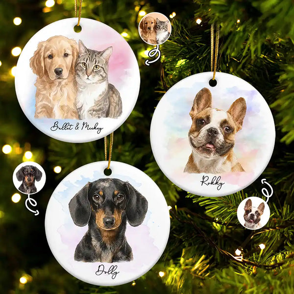 Art Design,Christmas,Cozy,Pet Lovers,Photo - Watercolor - Remove BG - Custom Photo Realistic Watercolor Art Portrait Cat Dog Pet - Personalized Circle Ceramic Ornament