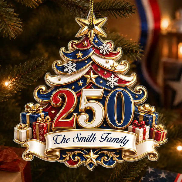 America 250th,Christmas,Proud,Family,Custom Text - 250 Years Of Freedom Christmas Tree - Personalized Custom Shaped Acrylic Ornament