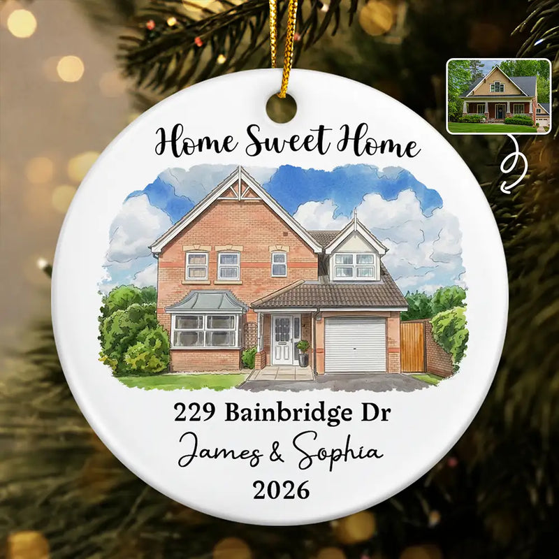 Art Design,Christmas,Gift For Couples,Photo - Vivid Watercolor Art,Happy - Custom Photo Vivid Watercolor Art Our New Home Wedding Gift Husband Wife - Personalized Circle Ceramic Ornament