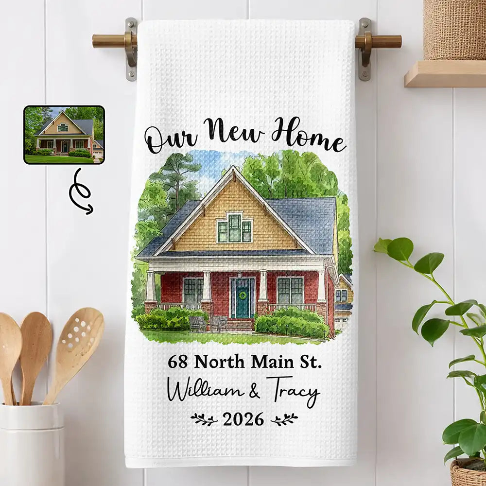 Custom Photo Vivid Watercolor Art Our New Home Wedding Gift Husband Wife - Personalized Kitchen Towel