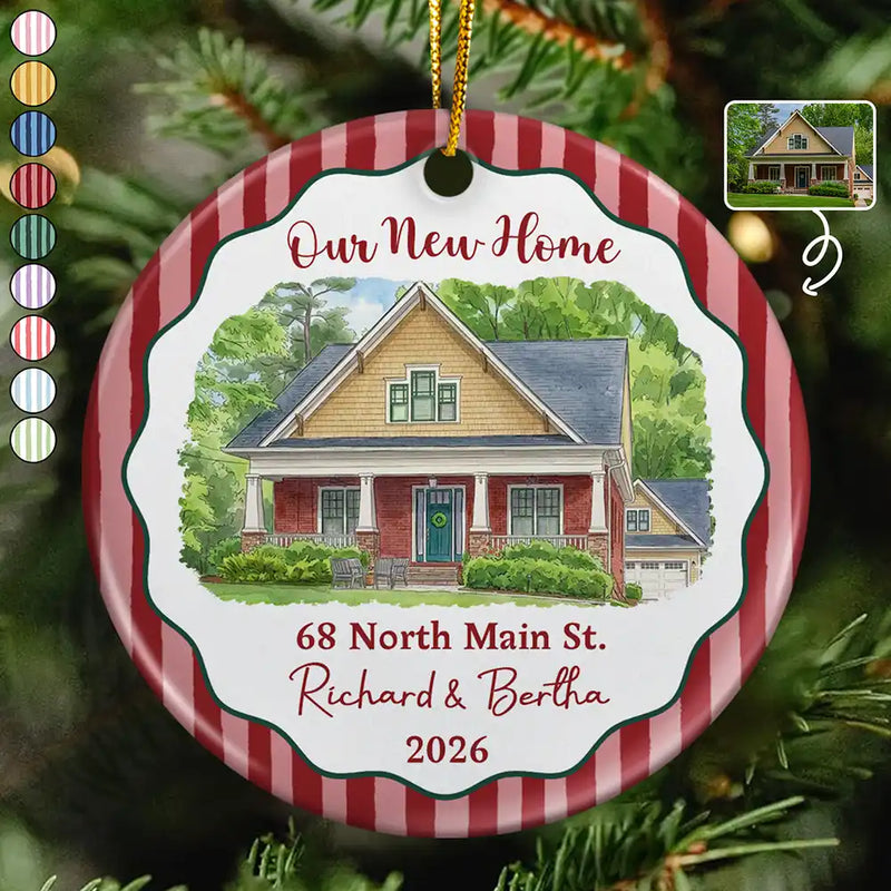 Art Design,Christmas,Family,Photo - Vivid Watercolor Art,Happy - Custom Photo Vivid Watercolor Art Our New Home Wedding Gift Husband Wife Stripe - Personalized Circle Ceramic Ornament