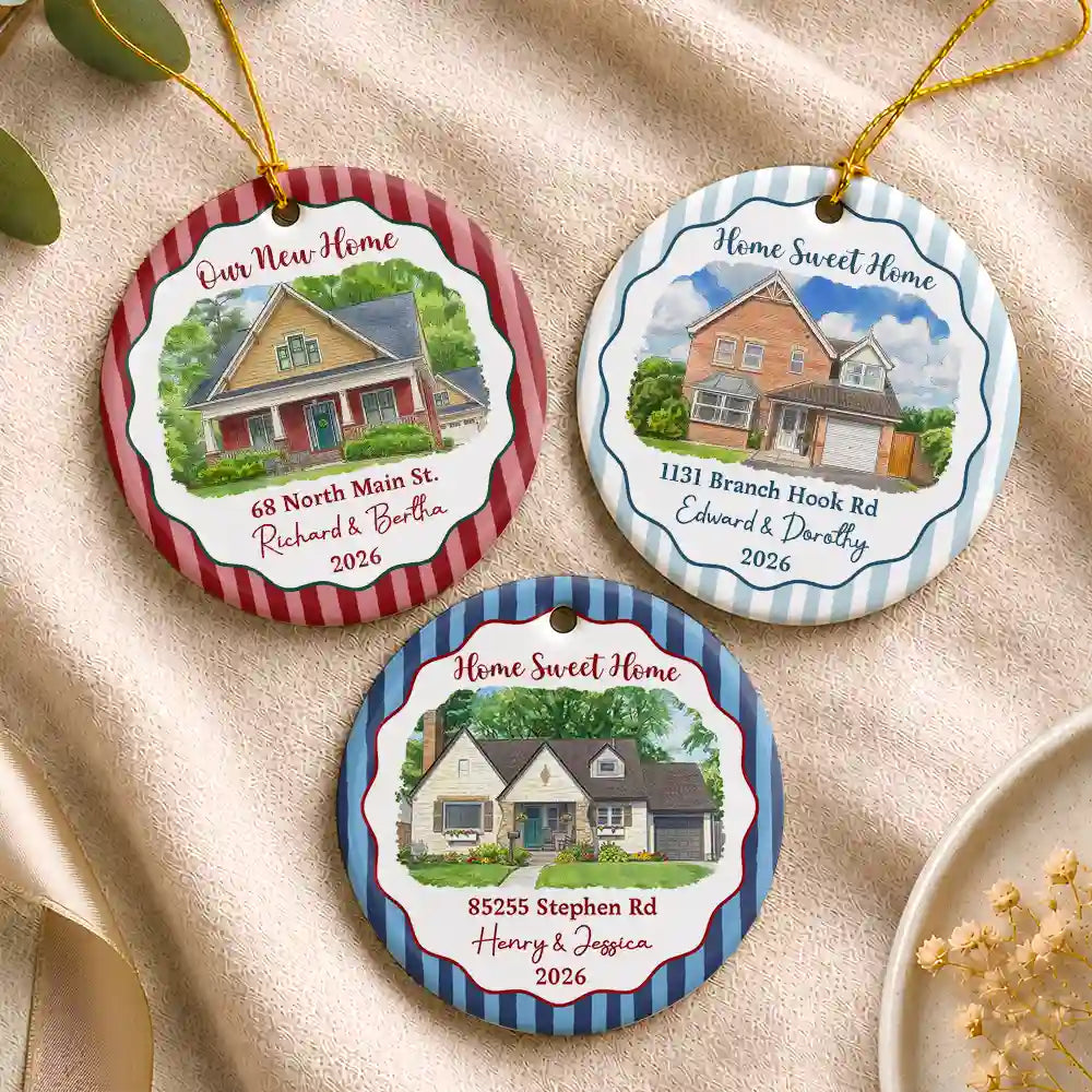 Art Design,Christmas,Family,Photo - Vivid Watercolor Art,Happy - Custom Photo Vivid Watercolor Art Our New Home Wedding Gift Husband Wife Stripe - Personalized Circle Ceramic Ornament