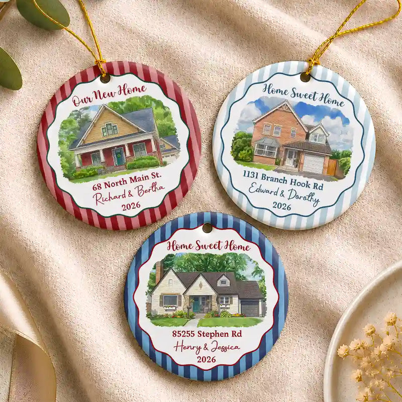 Art Design,Christmas,Family,Photo - Vivid Watercolor Art,Happy - Custom Photo Vivid Watercolor Art Our New Home Wedding Gift Husband Wife Stripe - Personalized Circle Ceramic Ornament
