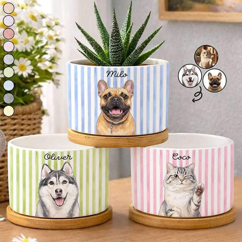 Art Design,Playful,Pet Lovers,Photo - Vivid Watercolor Art - Custom Photo Vivid Watercolor Art Happy Dog Cat Pet Stripe - Personalized Plant Pot