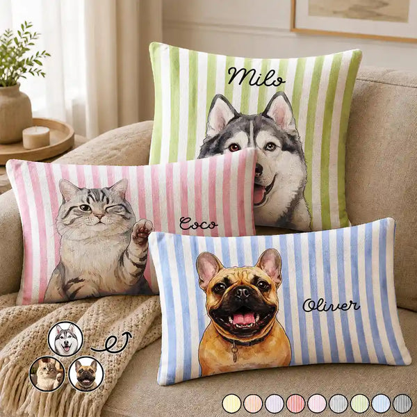 Art Design,Playful,Pet Lovers,Photo - Vivid Watercolor Art - Custom Photo Vivid Watercolor Art Happy Dog Cat Pet Stripe - Personalized Pillow