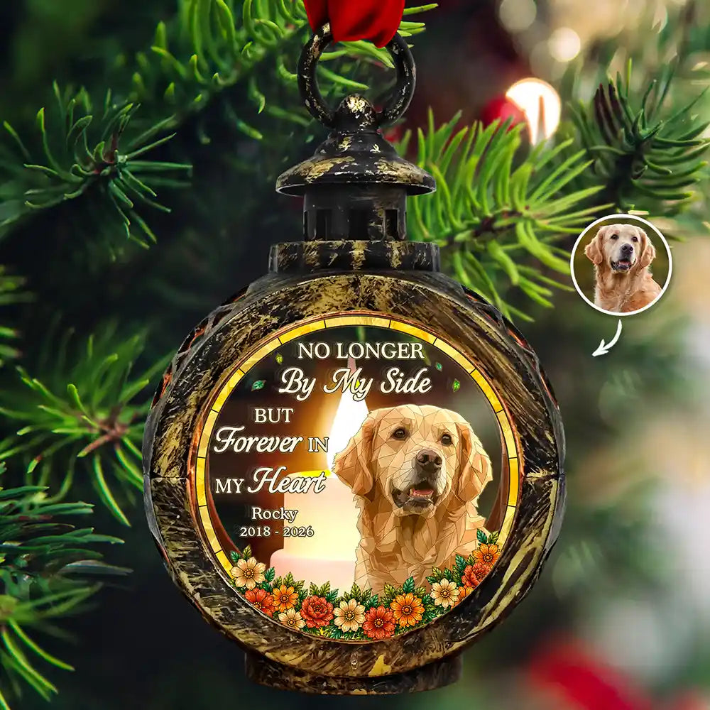 Custom Photo Stained Glass Memorial Pet Forever In My Heart Always Loved - Personalized Candlelight Lantern Ornament