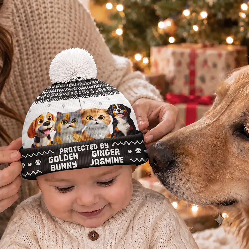 Top Market, Pet Mom, Gifts For Her, New Baby, Playful, Christmas, Gift For Mother, Pet Lovers, Vector - Protected By Pet Gift For New Baby New Mom New Dad - Personalized Bobble Beanie Hat