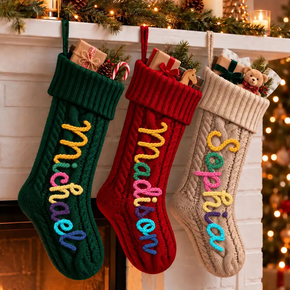 Christmas Gift For Kids, Grandchildren, Family - Personalized Hand-Crocheted Colorful Yarn Name Knitted Christmas Stocking