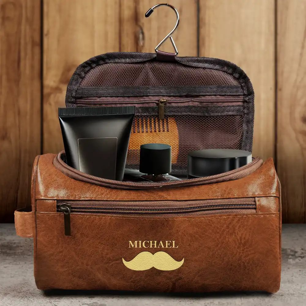 Confident,Gift For Men,Gift For Yourself,Gifts For Him,Monogram,Top Market - Gift For Men, Husband, Dad - Personalized Monogram Vintage Leather Toiletry Bag