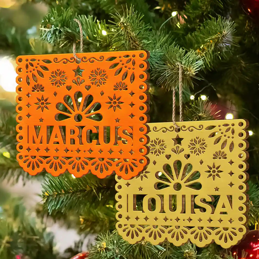 Christmas, Custom Text, Family, Happy, Top Market - Gift For Family - Personalized Papel Picado Wooden Ornament