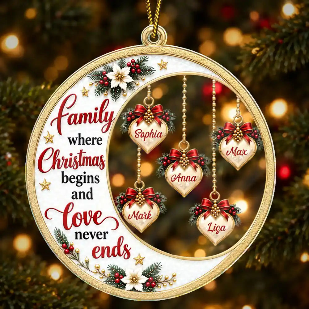Christmas Gift For Parents, Grandparents - Personalized Heart Names Family Where Christmas Begins And Love Never Ends Acrylic Ornament