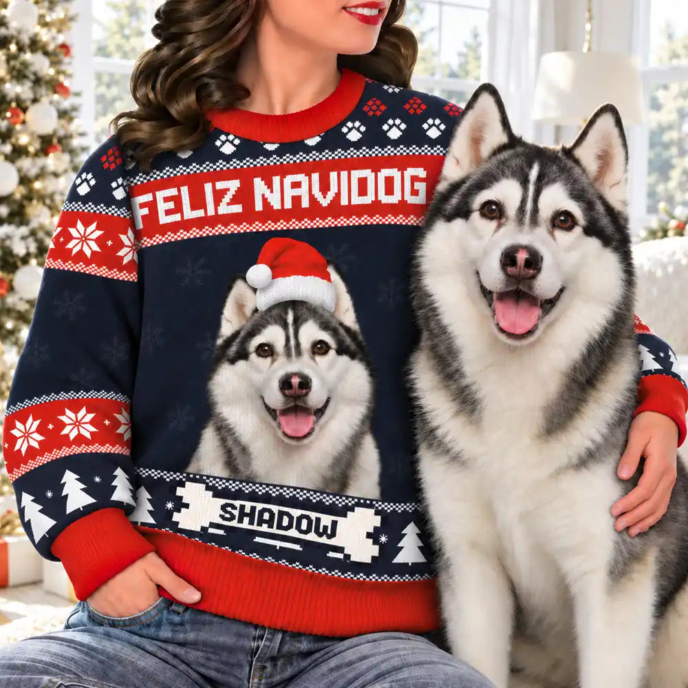 Custom Photo Feliz Navidog - Christmas Gift For Dog Lovers, Cat Lovers - Personalized Unisex Ugly Sweater