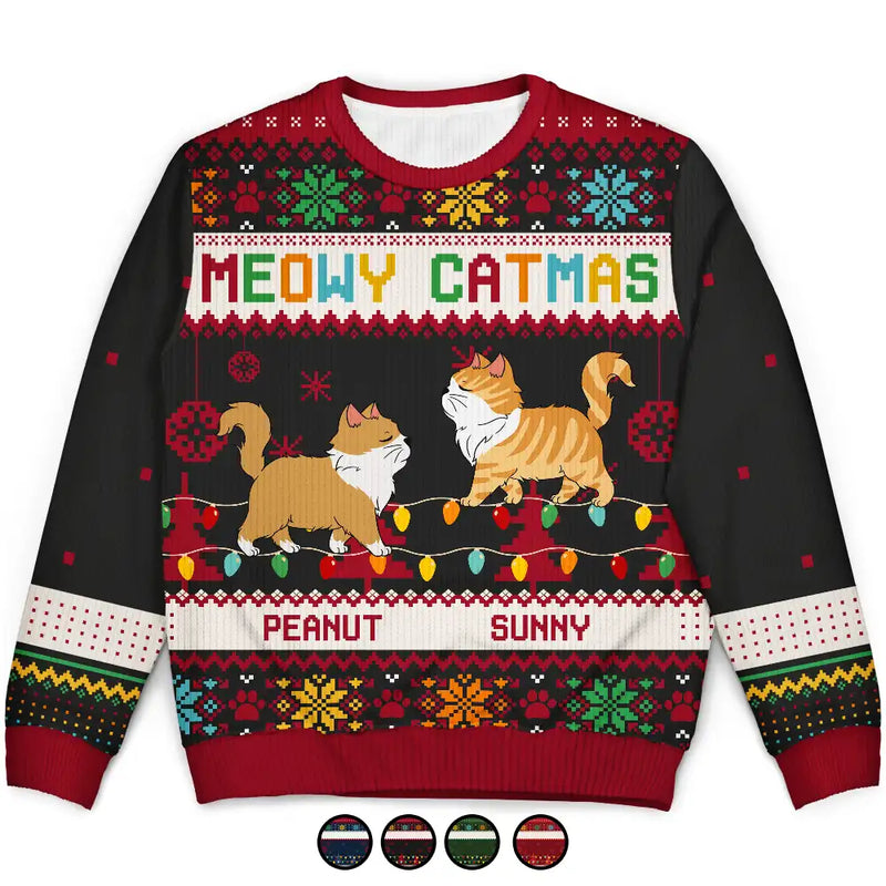Christmas Funny Walking Cats Meowy Catmas Happy Pawlidays - Personalized Unisex Ugly Sweater