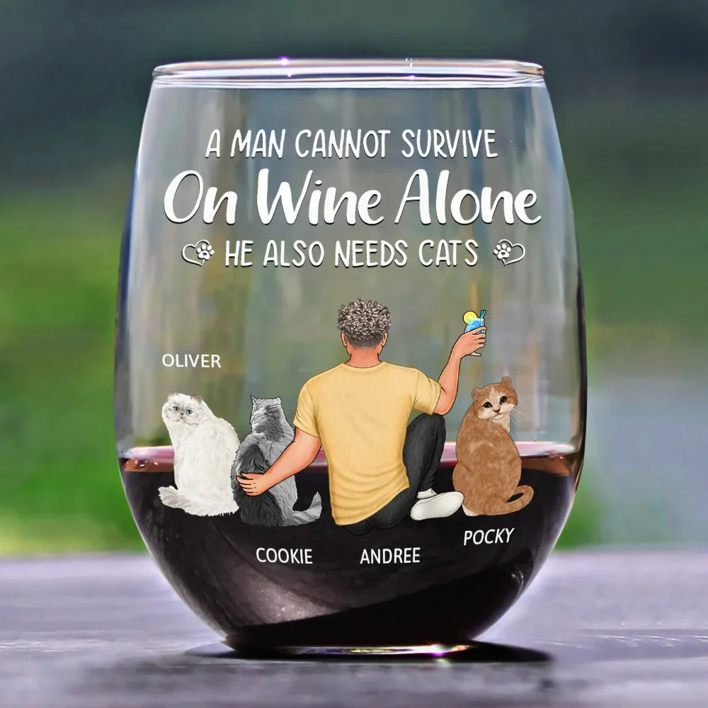 A Woman Cannot Survive On Wine Alone Cat Mom - Personalized Stemless Wine Glass