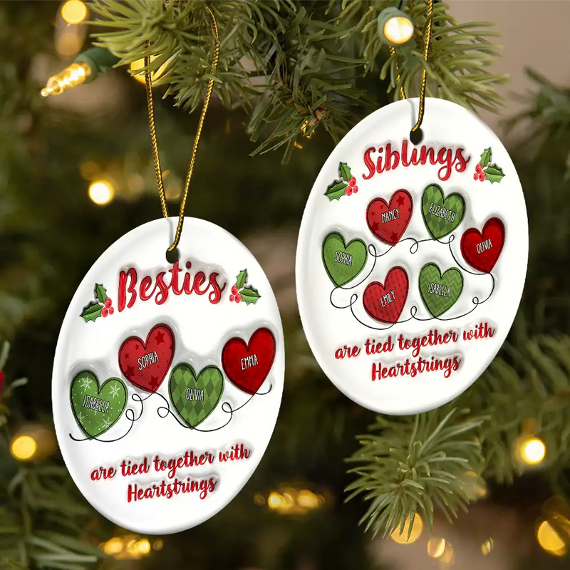Besties Friends Are Tied Together With Heartstrings - 3D Inflated Effect Printed Ornament, Personalized Circle Ceramic Ornament