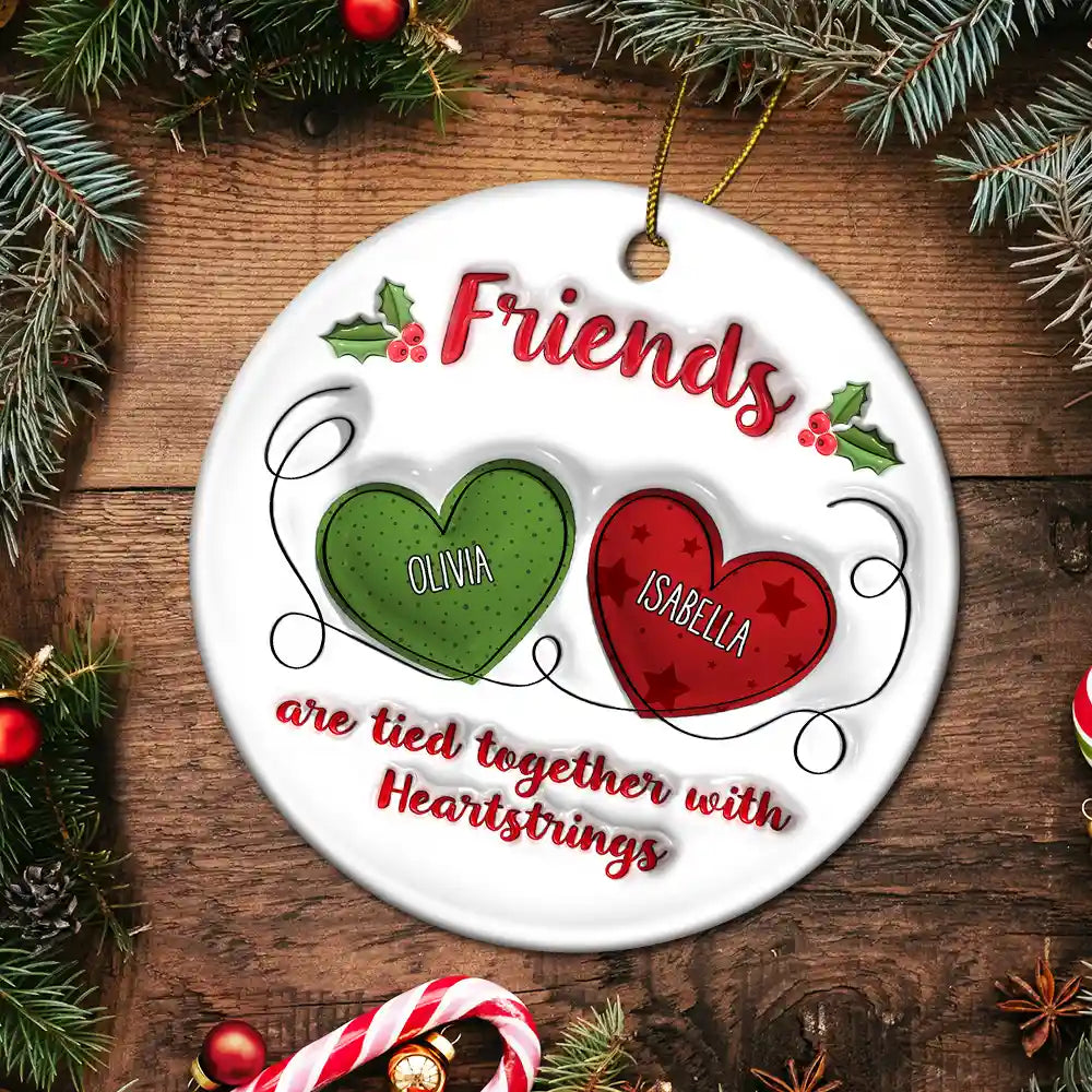 Besties Friends Are Tied Together With Heartstrings - 3D Inflated Effect Printed Ornament, Personalized Circle Ceramic Ornament