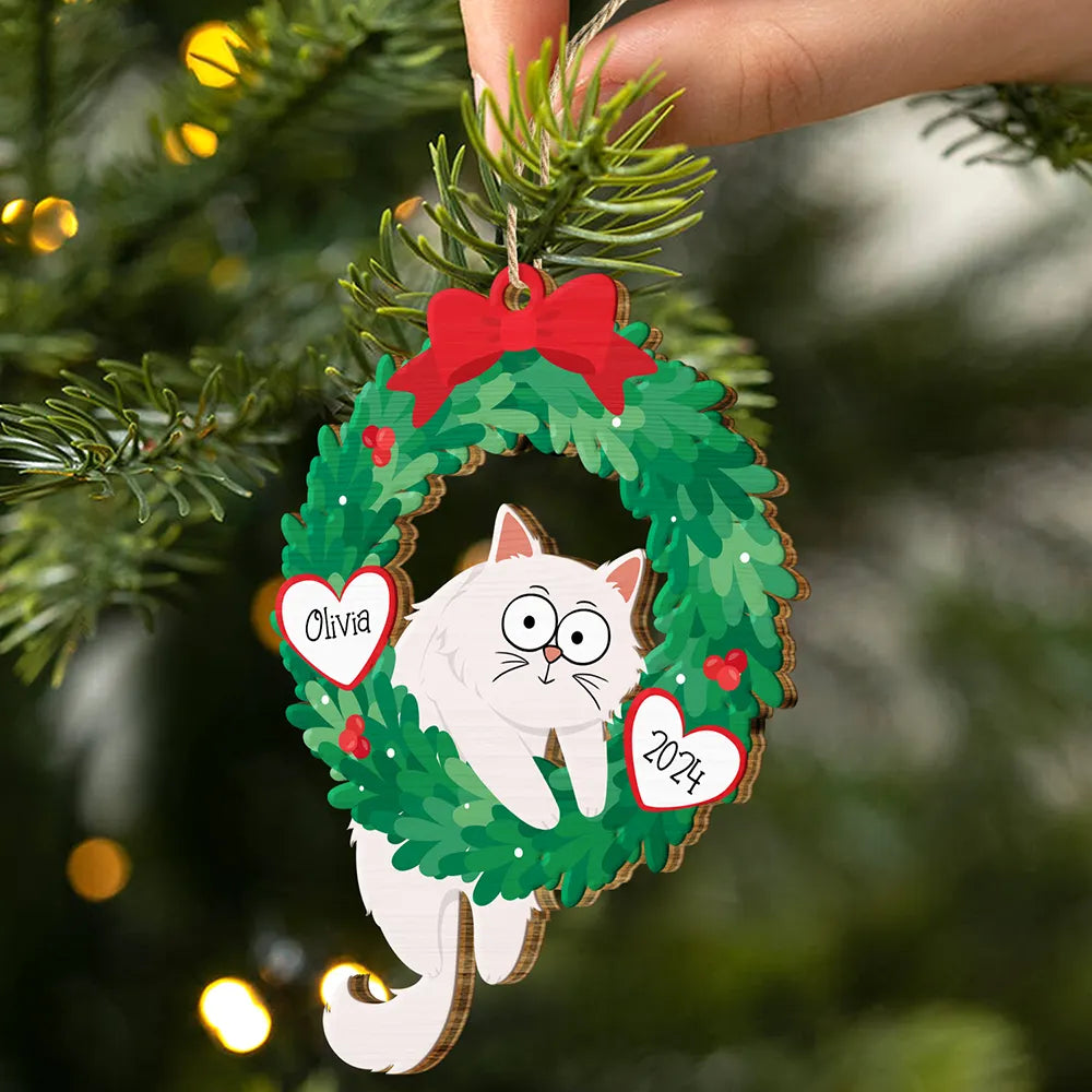 Christmas Wreath Hanging Cat - Personalized Wooden Cutout Ornament