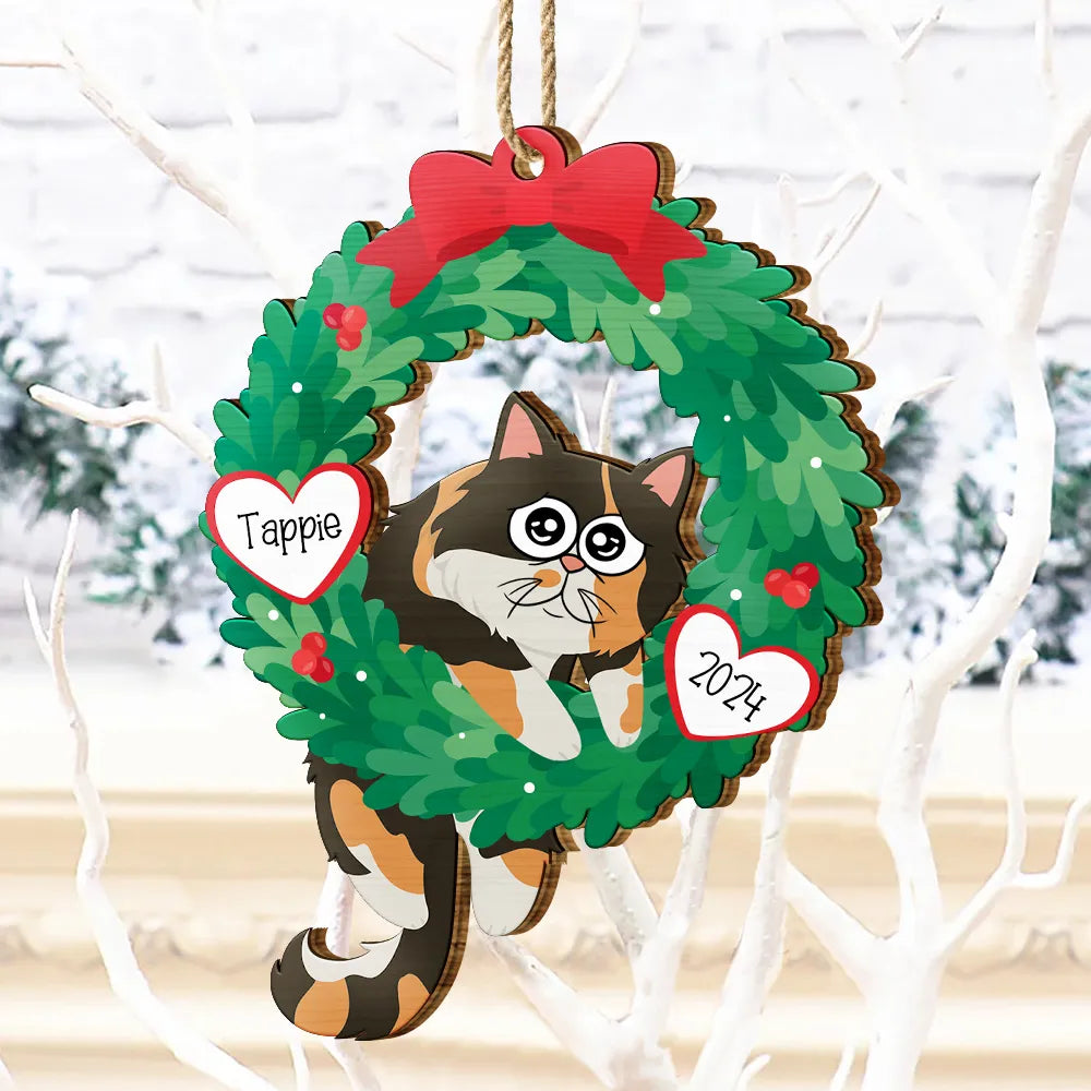 Christmas Wreath Hanging Cat - Personalized Wooden Cutout Ornament