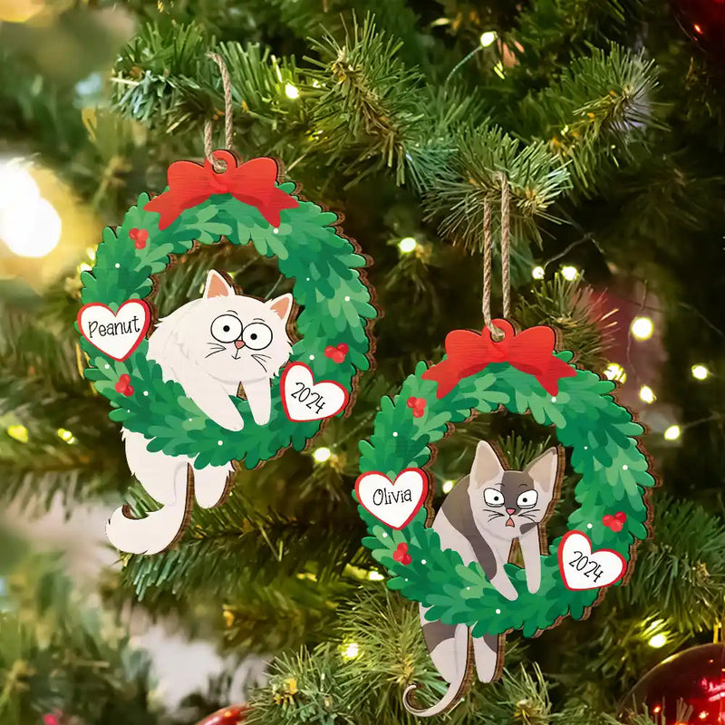 Christmas Wreath Hanging Cat - Personalized Wooden Cutout Ornament