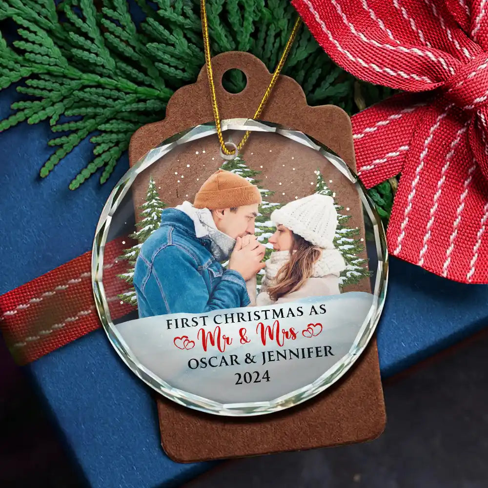 Custom Photo First Christmas Couples - Personalized Circle Glass Ornament