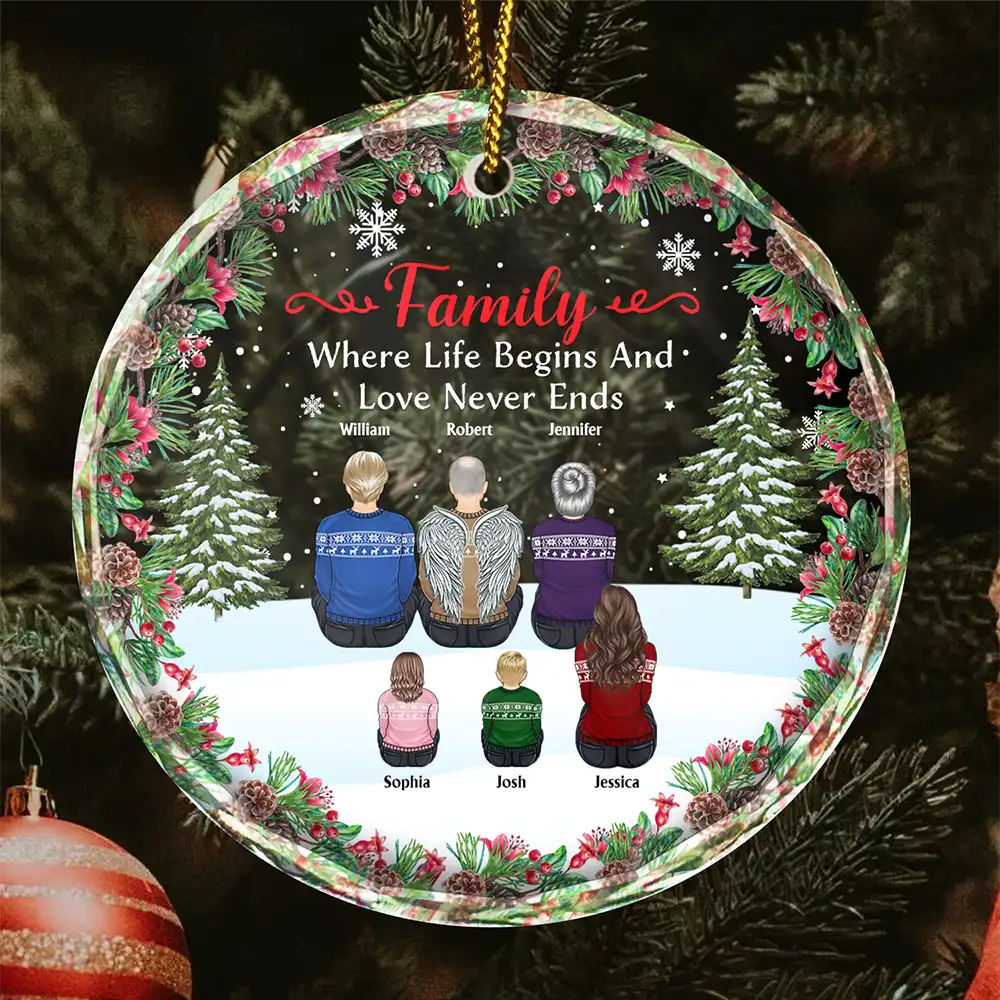 Christmas Family Where Life Begins And Love Never Ends - Personalized Circle Glass Ornament