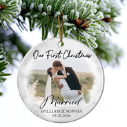 Custom Photo First Christmas As Mr & Mrs Couples - Personalized Circle Ceramic Ornament