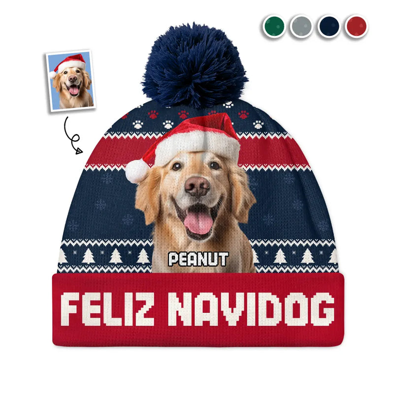 Pet Lovers - Custom Photo Feliz Navidog - Personalized Bobble Beanie Hat