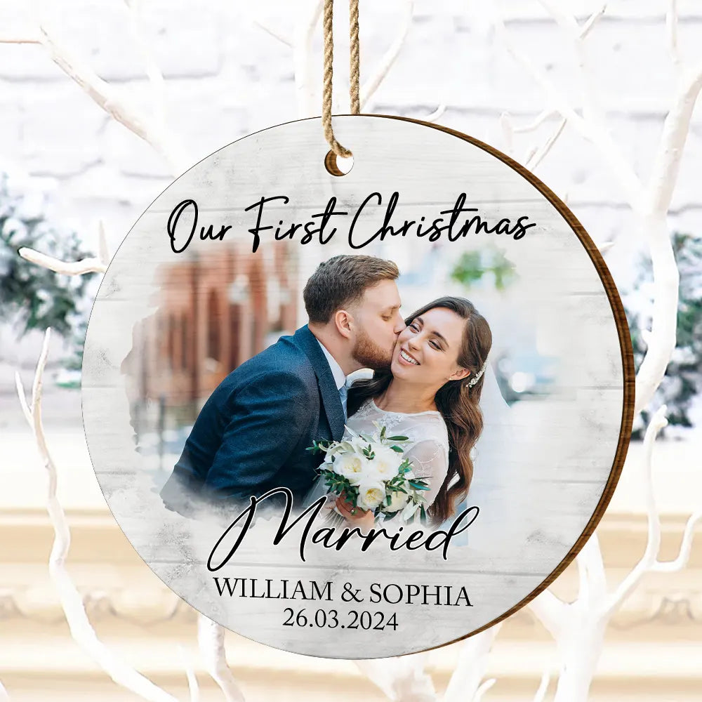 Custom Photo First Christmas As Mr & Mrs Couples - Personalized Custom Shaped Wooden Ornament