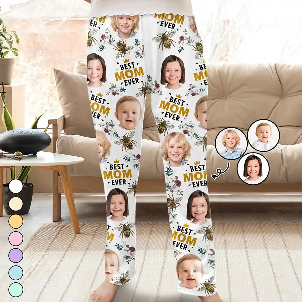 Custom Photo Bee Flowral Best Grandma Ever - Personalized Pajama Pants