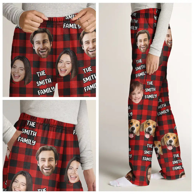 Family, Pet Lovers, Dog Lovers, Cat Lovers, Gift For Kids - Custom Photo Funny Family Pet Face Plaid Pattern - Personalized Pajama Pants