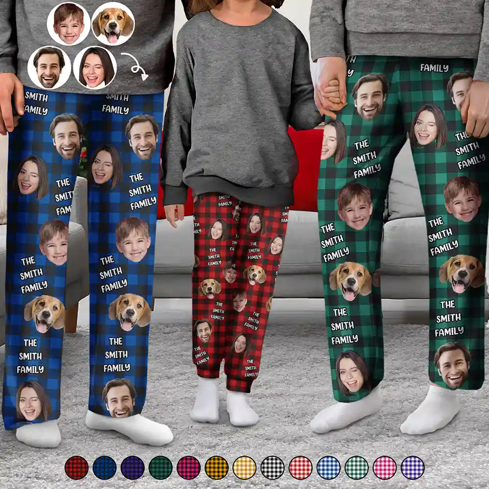 Family, Pet Lovers, Dog Lovers, Cat Lovers, Gift For Kids - Custom Photo Funny Family Pet Face Plaid Pattern - Personalized Pajama Pants