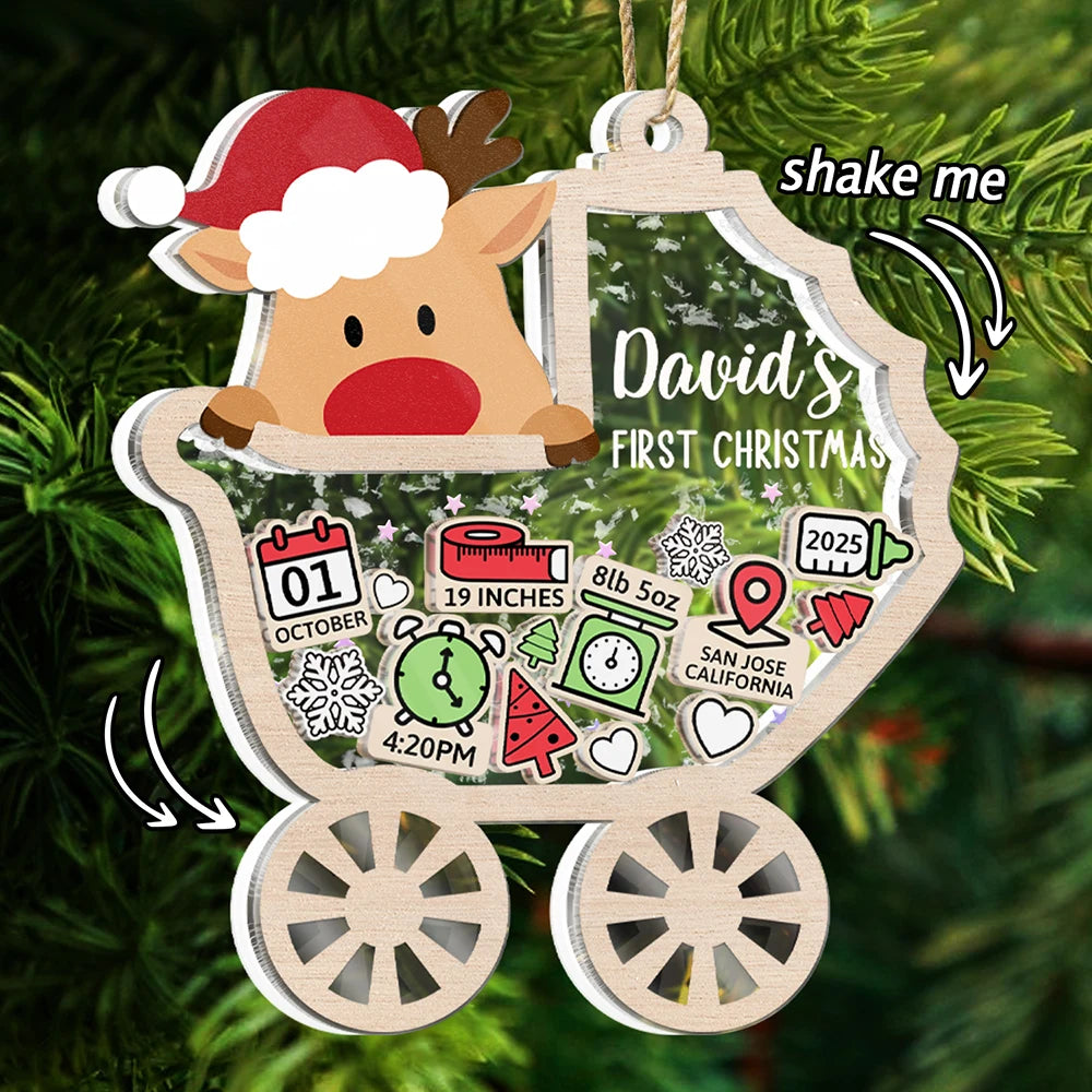 Baby Carriage New Baby Information Keepsake - Personalized 3-Layered Acrylic Shaker Ornament