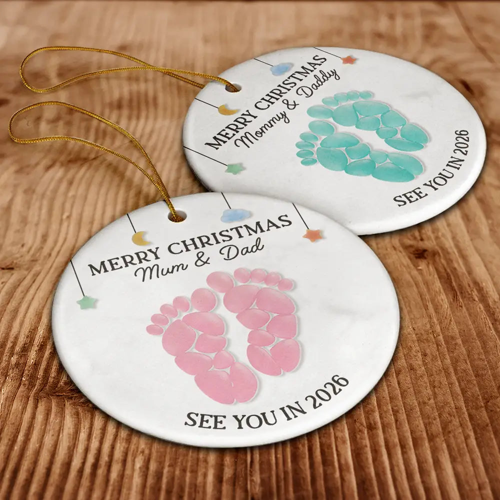Christmas,Pregnant Mom - Baby Expecting See You In Soon Feet Stones - Personalized Circle Ceramic Ornament