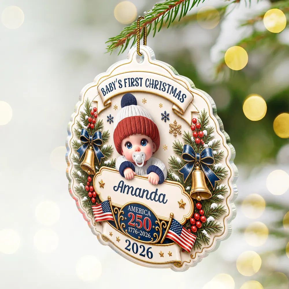 Top Market,Adorable,Independence Day,New Mom,America 250th,Christmas,Gift For Mother,Vector - Baby First Christmas America 250th Anniversary - Personalized Custom Shaped Acrylic Ornament