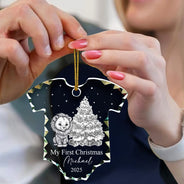 Christmas,New Dad,New baby,New Mom,Happy - Baby First Christmas Toile Pattern - Personalized Onesie Shaped Glass Ornament